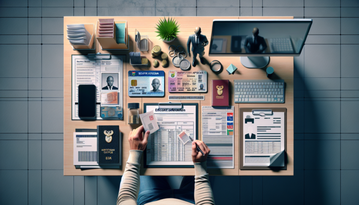 In a modern South African home office, a focused first-time buyer organizes ID, payslips, employment letter, and bank statements on a tidy desk.