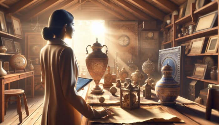 An appraiser examines antique furniture and rare collectibles in a sunlit attic, highlighting a pristine vintage clock, handcrafted vase, and aged document.