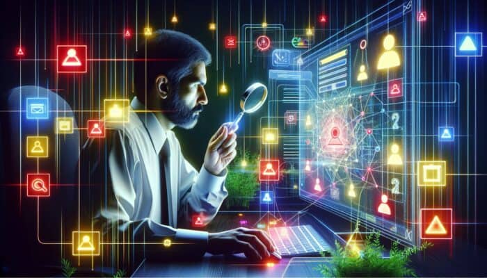 Illustration of an SEO expert in a modern office viewing a colour-coded screen: red for high-priority issues like broken links, yellow for medium, green for low, with graphs.