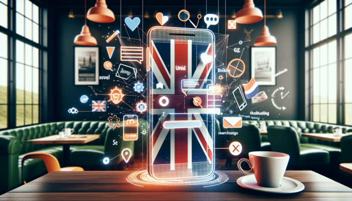 A smartphone screen in a Corsham coffee shop displaying a fast-loading mobile website, featuring UK flags, local SEO keywords, and a Google My Business profile.