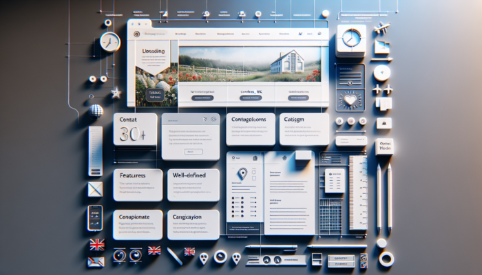 A modern website interface for a UK small firm in Corsham, featuring sticky navigation, prominent contact details, category icons, and a local map.