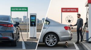 A split image portraying an Electric Car charging at a station marked "ELECTRIC CAR RENTAL" on the left, and a man refuelling a Gas Car under a "GAS CAR RENTAL" sign on the right. Both vehicles are situated outdoors with a city skyline, showcasing modern rental options.