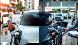 A split image depicting two electric cars charging on a city street. On the right, an individual plugs in a blue car beneath an "Electric Car Rental" sign—ideal for those exploring their rental options.