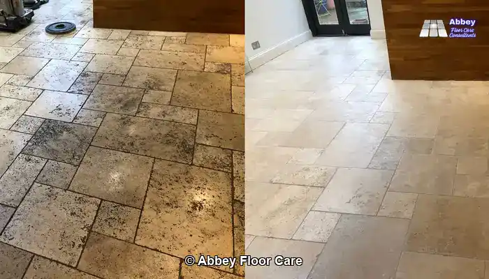 Travertine with soiled grout lines before and after professional restoration by Abbey Floor Care