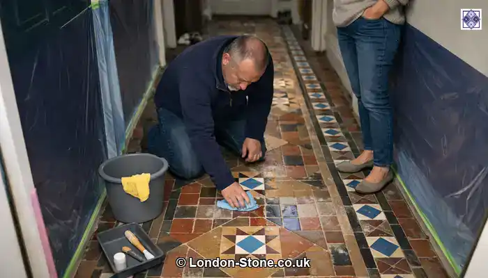 Specialist cleaning a small test section on Victorian tiles with protection in place, showing a careful baseline approach.