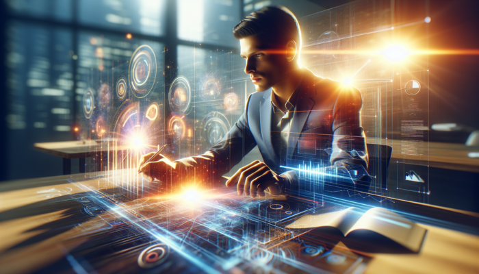 A focused entrepreneur at a modern desk, surrounded by glowing screens showing social media icons, analytics, and growth charts.