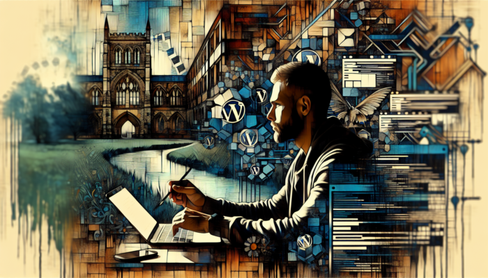 In historic Devizes, a professional reviews WordPress agency portfolios on a laptop, surrounded by stone buildings, a canal, and mockups.