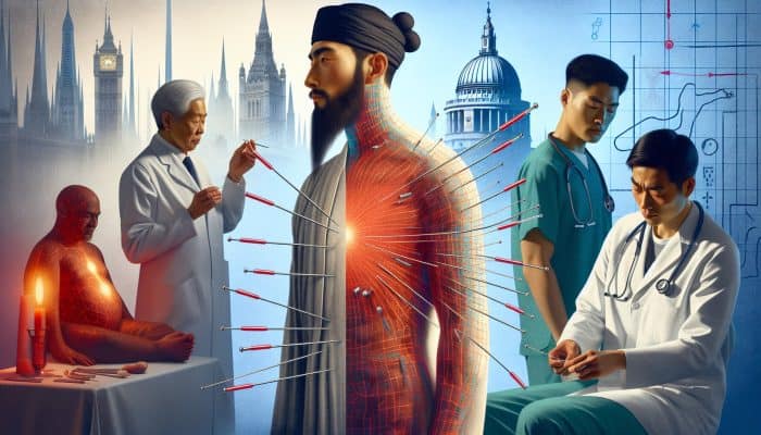 Acupuncture for Chest Pain Management: Ancient Chinese acupuncture practitioner with needles transitioning to a modern NHS clinic, treating chest pain through integrated holistic care.