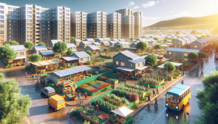 Affordable apartments in Kimberley's vibrant street scene, with modern architecture, community gardens, markets, and public transport under a sunny sky.