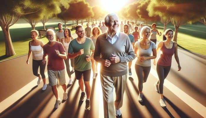 An older man in his 60s leads a lively family walk in a sunlit park, surrounded by smiling community members and green trees.