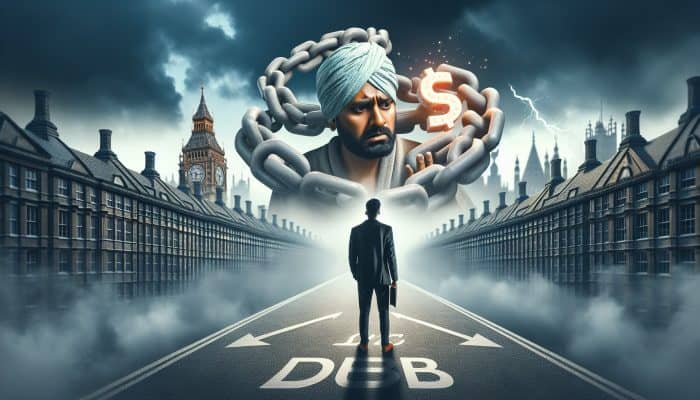 Debt Consolidation Loan Stacking Techniques: Expert Guide | DCL A stressed UK borrower at a foggy London crossroads, tempted by a glowing low-payment sign amid hidden fees and debt chains.