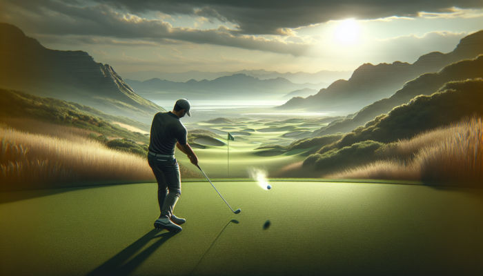 A professional golfer executes a backspin shot on a sunlit, textured green at Sun City, South Africa, with the ball hovering mid-air.