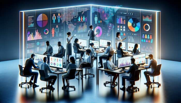 A diverse team of analysts in a modern office collaborates on user intent research, surrounded by screens showing data charts, personas, and surveys.