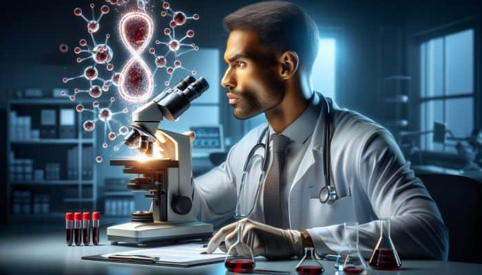 What Is a Ferritin Blood Test Looking For: A doctor in a modern UK NHS lab examines a blood sample under a microscope, showing glowing iron molecules for ferritin levels in anaemia diagnosis.