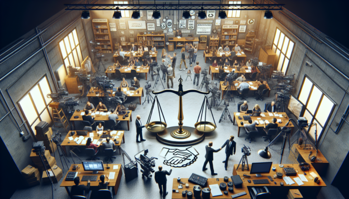 Bustling video production studio in Fairford: owners review copyright contracts and obtain signatures from diverse individuals amid cameras and documents.