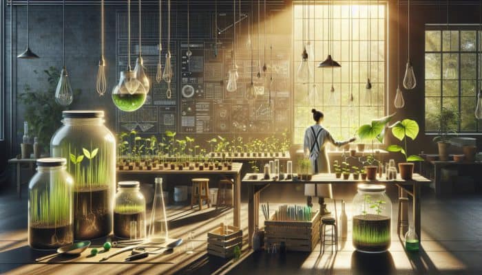 A sunlit garden workshop with a gardener using glass jars, recycled containers, and kitchen tools for sustainable plant regrowth among green sprouts.