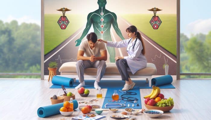A diverse doctor in a UK clinic administers HRT to a patient, surrounded by fresh fruits, yoga mats, and jogging paths symbolising health improvements.