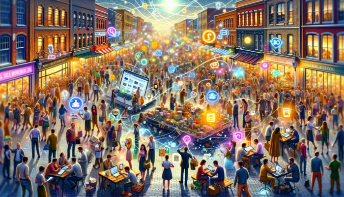 Lively Ferndown street market: e-commerce owners use tablets for social media, laptops for newsletters, optimise SEO, and collaborate with local influencers.