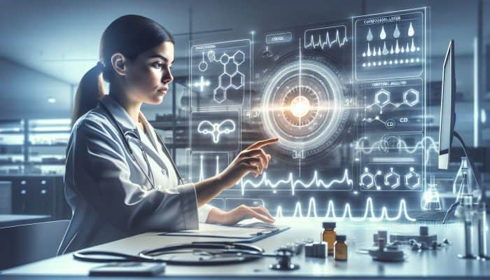 An endocrinologist in a modern lab analyzes a cortisol graph with a clock, surrounded by medical tools and glowing monitors.
