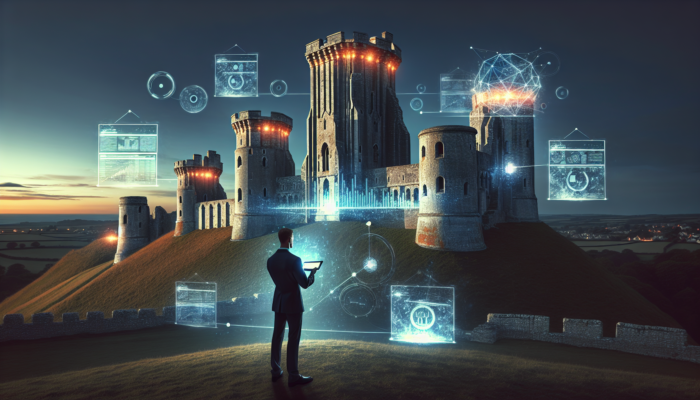 Corfe Castle at twilight with glowing SEO graphs, floating keywords, and a strategist on ramparts analysing data on a tablet.