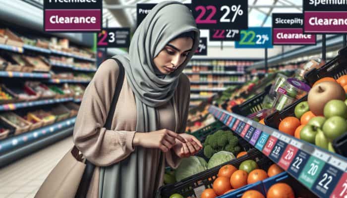 A determined woman in a bustling UK supermarket examines fresh produce prices, compares brand units, and ignores impulse buy displays.