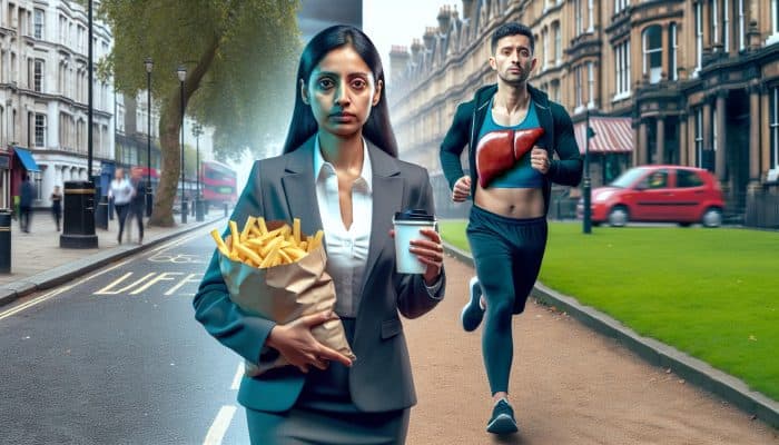 Busy London street: stressed worker with coffee and greasy fish and chips, jogger in park, symbolic liver showing healthy and faded sides.