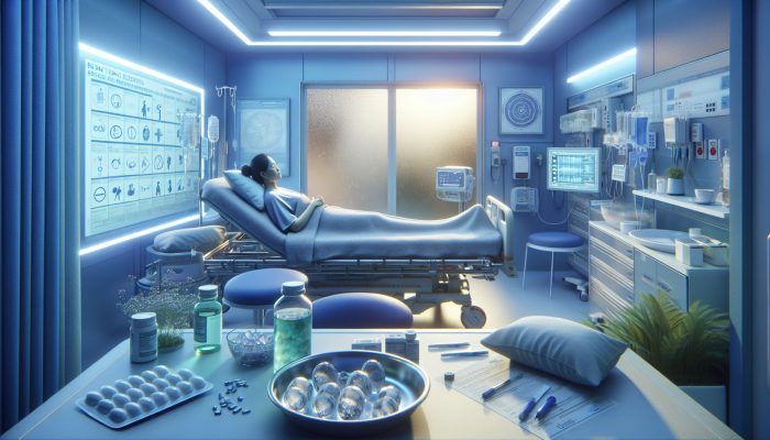 A woman recovering in a serene hospital room after hysterectomy, surrounded by ice packs, medication, and a breathing chart in soft blue lighting.