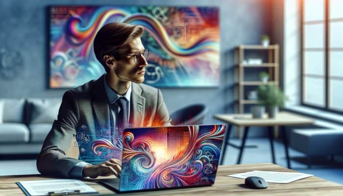 A professional analyzes debt consolidation loan costs on a laptop, viewing colorful graphs of interest rates in a modern home office.