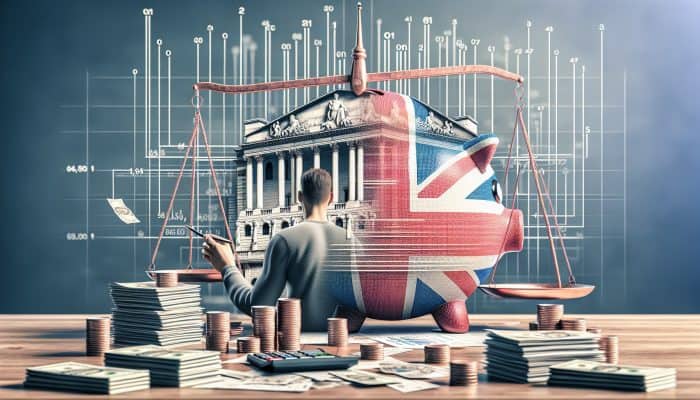 UK resident at desk reviews debt consolidation charts, with Bank of England in background, amid stacks of bills symbolising financial stability.