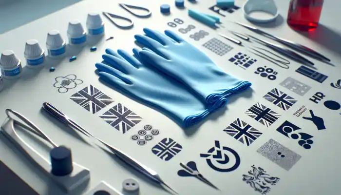 Illustration of blue nitrile gloves on a sterile lab table, stamped with MHRA logos and Union Jack, surrounded by British and EU standards documents.