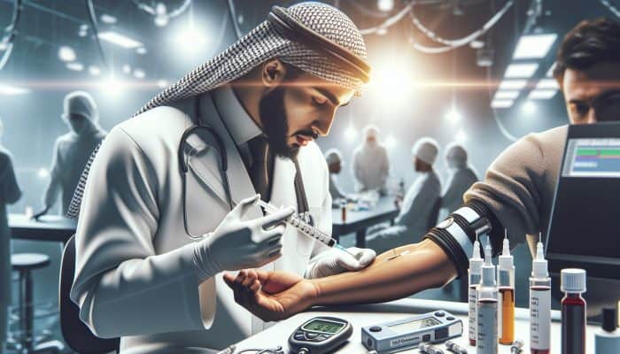 A medical professional draws blood from a patient’s arm in a sterile lab, surrounded by glucometers, HbA1c kits, and glucose charts under bright lighting.