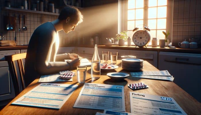 A patient in a sunlit kitchen at dawn, fasting with an empty plate and water, writing a list of medications in a notebook, surrounded by NHS pamphlets and a clock indicating eight hours.