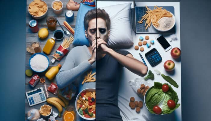 Split image: Weary person amid junk food, clutter, and sleeplessness versus thriving with fresh meals, sleep, and exercise, symbolising burnout resilience.