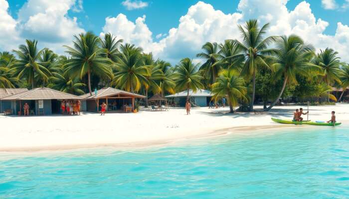 A breathtaking beach scene in Placencia Village featuring soft white sands, vivid turquoise waters, palm trees, colorful huts, and tourists enjoying kayaking and beach volleyball under a clear blue sky.