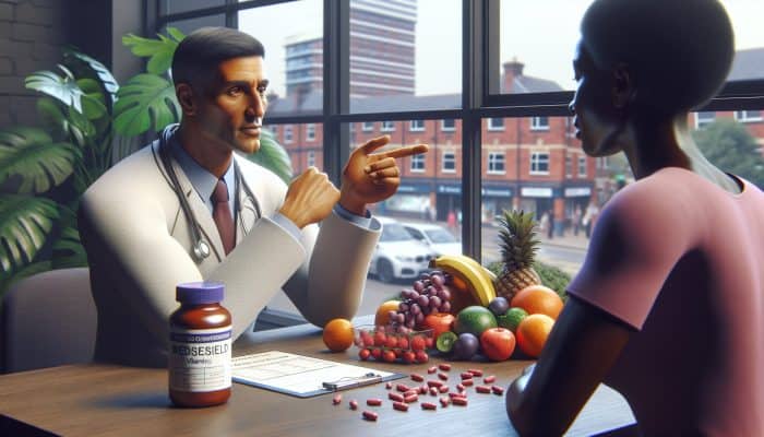 British GP discusses vitamin test results with patient in clinic, pointing to deficiency charts and health symbols like supplements and fruits.