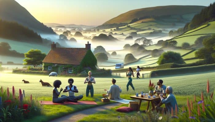 Serene UK landscape at dawn: diverse group practising yoga in misty fields, walking coastal paths, and sipping herbal tea in a cosy cottage.