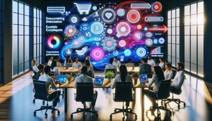 A group of UX experts collaboratively brainstorming e-commerce checkout strategies in a digital workspace, surrounded by screens displaying optimised flows, user personas, and conversion metrics.