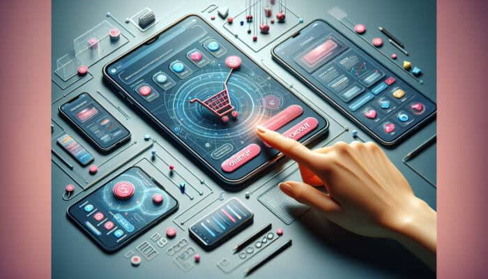 A contemporary smartphone screen displays a responsive e-commerce application with large touch-friendly buttons and vertical layout, as a user taps the checkout icon surrounded by tablets and laptops for testing.