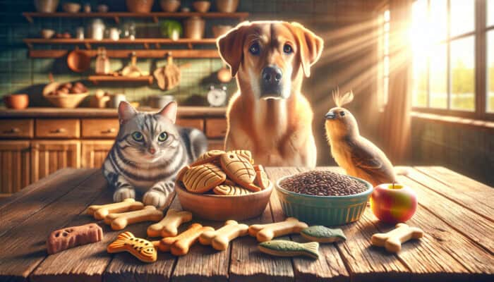 A display of assorted pet treats like dog bones, cat biscuits, and bird seeds on a wooden table, with curious pets nearby in a sunny kitchen.