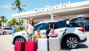A woman and two children stand by large suitcases in front of a white SUV at a car rental location. Palm trees and a bright blue sky suggest a warm, sunny day—the perfect start to their family vacation.