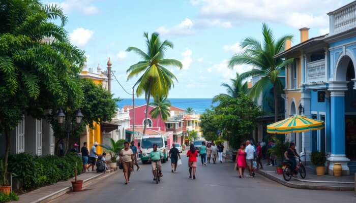 Vibrant street scene in Belize City featuring colourful colonial architecture, tropical greenery, and locals engaging in daily activities with the Caribbean Sea in the background.