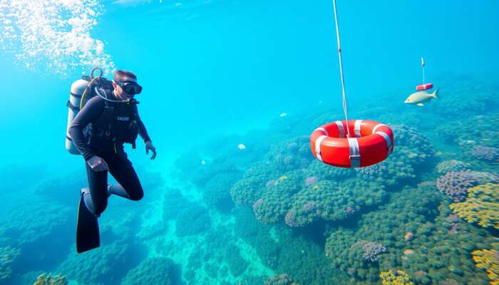 Diver in a wetsuit with a mask, fins, BCD, and regulator exploring colourful coral reefs, accompanied by a dive computer, weights, and a surface marker buoy.