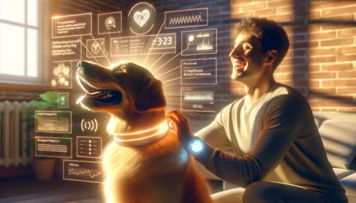 A happy golden retriever wearing an AI collar, with an owner smiling and petting it, as a tablet displays health data in a sunlit home.