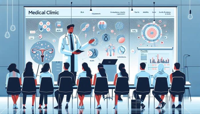 A doctor in a modern Derby clinic explains fertility blood tests to diverse patients using charts that show simple, accurate procedures.