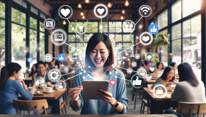 Business owner in a cozy cafe analyses social media analytics on a tablet, surrounded by icons of likes, shares, and customer networks.