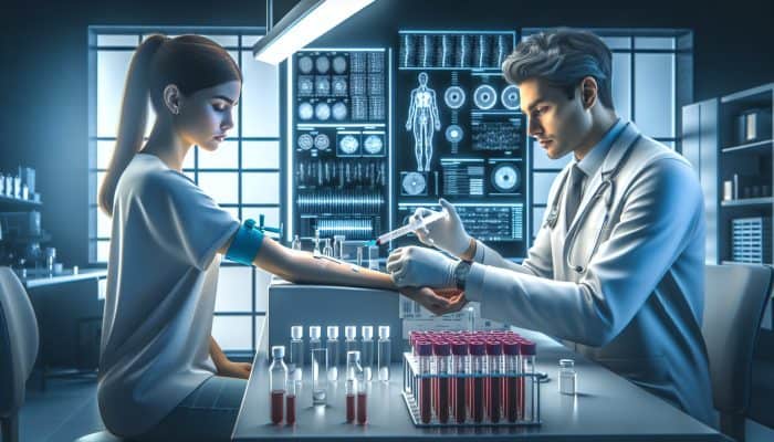 FBC Test in Ashford: A healthcare professional drawing blood from a patient's arm in a modern Ashford clinic, with lab equipment on a sterile counter under bright lights.