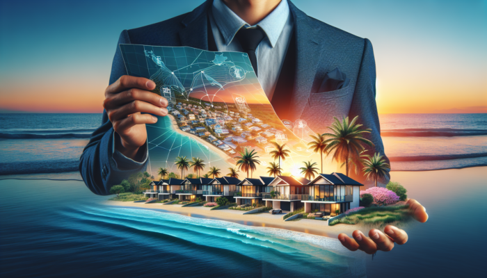Kempton Park coastal scene with modern beachfront homes, blue ocean waves, palm trees at sunset, and a real estate agent holding a map.
