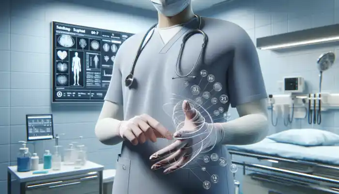 A UK healthcare worker in a sterile hospital environment, wearing well-fitted disposable gloves, performs a precise procedure with enhanced dexterity and protection against contamination, adhering to HSE guidelines.