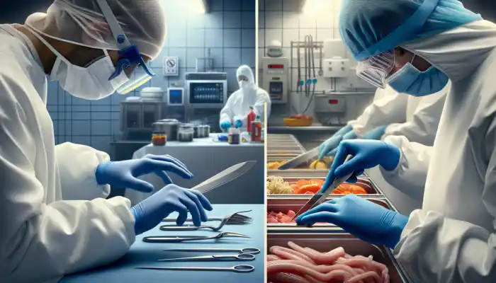 In a sterile UK environment, a healthcare worker in blue nitrile gloves handles sharp tools and chemicals, in contrast to vinyl gloves used for food preparation.