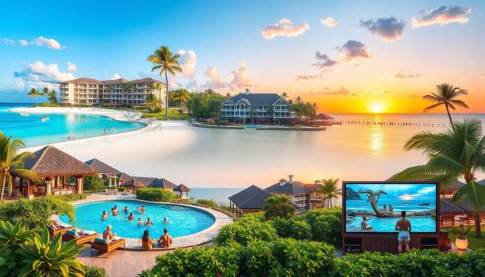 A collage of diverse all-inclusive resorts, featuring a luxury beachfront resort with gourmet dining, a family-friendly resort with children in a pool, a serene wellness retreat in nature, an adventure resort with outdoor activities, and a romantic adult-only resort with couples at sunset.